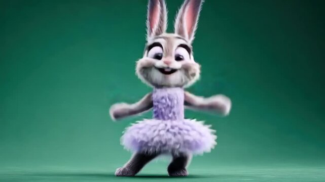 A cartoon rabbit wearing a purple tutu poses against a solid green background