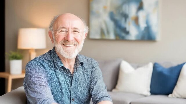 Smiling older man with a gray beard and glasses sits in a cozy living room wearing a blue patterned shirt.