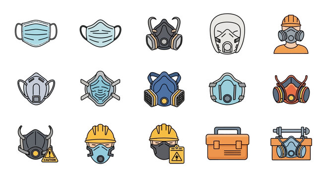 A comprehensive set of various protective face masks, respirators, and safety equipment icons.