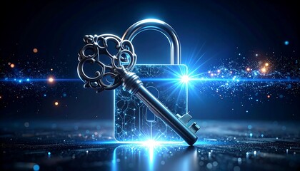 Cybersecurity Lock and Key for Digital Data Protection.