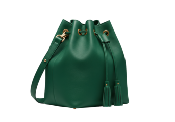 Isolated green bucket bag with shoulder strap for women, fashionable style, modern design
