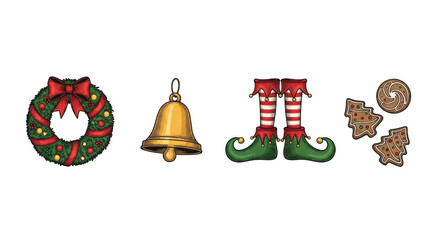 Festive Christmas decorations including wreath bell elf legs and gingerbread cookies.