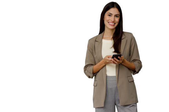 Professional woman smiling, communicating with phone, working, networking, having a successful online interaction with transparent background