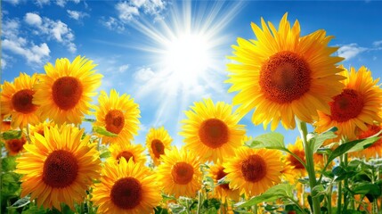 Obraz premium Vibrant sunflower field under bright sunny sky with fluffy clouds