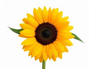 Vibrant Single Sunflower Isolated on White Background with Green Stem and Leaves