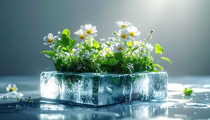 Delicate Flowers Bloom Within a Block of Ice.