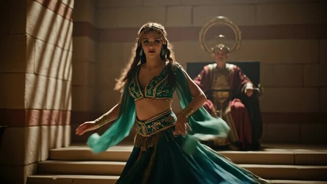 Young woman performing a dance in flowing teal and gold outfit before a king on a throne, ancient biblical story footage.