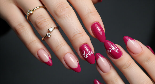 Elegant nail art design featuring french manicure with burgundy tips and love inscription on a dark background, showcasing beauty and style