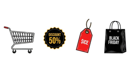 Black Friday Shopping Icons: Cart Discount Tag and Bag.
