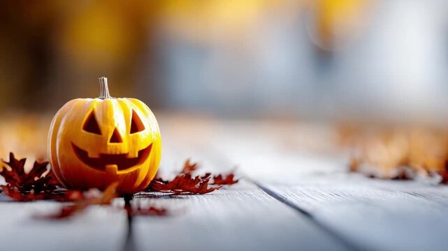 Carved Pumpkin Amidst Autumn Leaves: A glowing jack-o'-lantern sits proudly on a weathered wooden surface, surrounded by the vibrant hues of autumn foliage, embodying the spirit of Halloween.