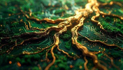 Digital Roots Intertwined Circuitry and Organic Growth.