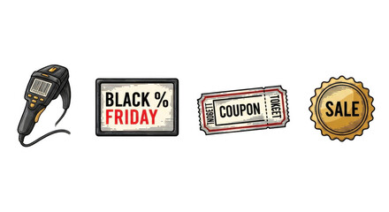 Black Friday Sale Coupon and Scanner Icons Representing Commerce.