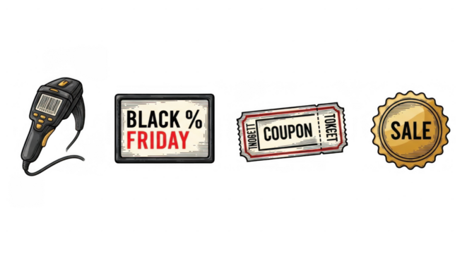 Black Friday Sale Coupon and Scanner Icons Representing Commerce.