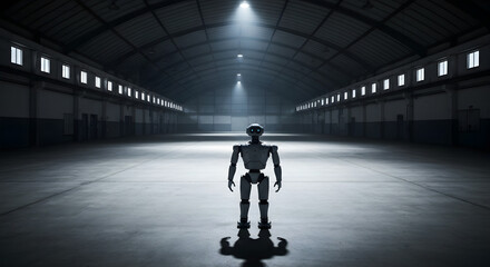 A lonely robot standing in a warehouse, the future of automation and robotics, a solitary humanoid in an industrial space