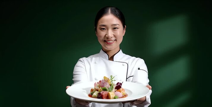 Smiling Asian chef presenting a gourmet dish on a white plate against a green background.