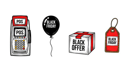 Black Friday sale promotion with POS terminal balloon and gift box.