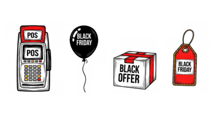 Black Friday sale promotion with POS terminal balloon and gift box.