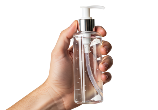 A hand holds a clear plastic bottle of hand sanitizer with a silver pump dispenser, isolated on a transparent background