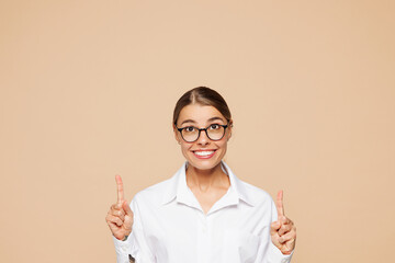 Young successful employee business woman corporate lawyer wear classic formal white shirt work in...