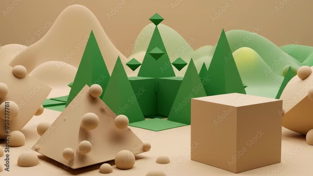 Poster evolving abstract geometric shapes in shades of green and beige slowly transform in a continuous sea