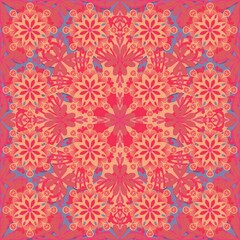 seamless pattern with snowflakes,painted pink, red, orange curves create to flower shape,leaves,purple background in geometric patterns as sarong,fabric,tile,printed fabric,batik,tablecloth patterns.
