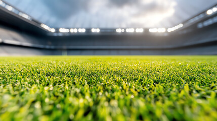 Vibrant green grass field in a modern stadium, capturing the essence of sports and athleticism under a dramatic sky.