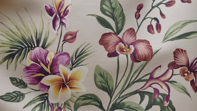 Watercolor floral arrangement with orchids and tropical leaves on a textured background flowers.