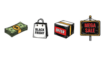 Black Friday Shopping Icons: Money Bag Offer and Mega Sale Sign.