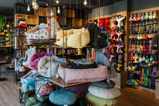 Pet bed display in a modern retail pet store, showing a wide selection of comfortable cushions, accessories, leashes, and collars for animals, ready for customers to browse