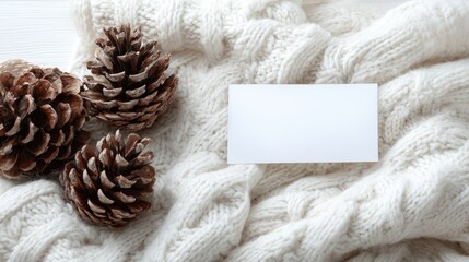 Pine cones rest on a cozy white knitted blanket with a blank card.