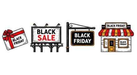 Black Friday Sale Signs and Gift Box Illustration.