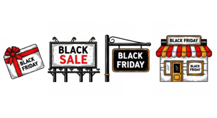 Black Friday Sale Signs and Gift Box Illustration.