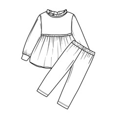 A black and white line art illustration of a girls clothing set. The outfit includes a long sleeve babydoll top with a ruffled neck and matching pants. Isolated vector sketch for fashion design.