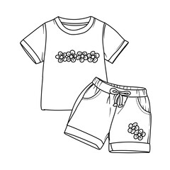 Black and white outline illustration of a t-shirt with a floral design and matching shorts, suitable for coloring or design elements.