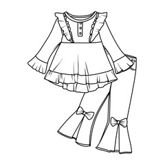 A detailed outline drawing of a baby girls two-piece outfit, featuring a long-sleeved top with ruffles on the collar and hem, paired with bell-bottom pants adorned with bows line art illustration