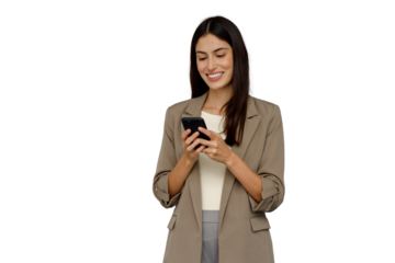 Woman businesswoman smiling using smartphone typing message communicating technology networking social media transparent background