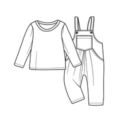 A simple line drawing of a babys outfit featuring a long sleeve shirt and overalls.