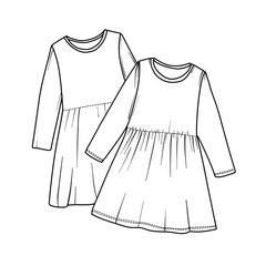 Two dresses with long sleeves and a gathered skirt, perfect for casual wear or special occasions line art vector illustration