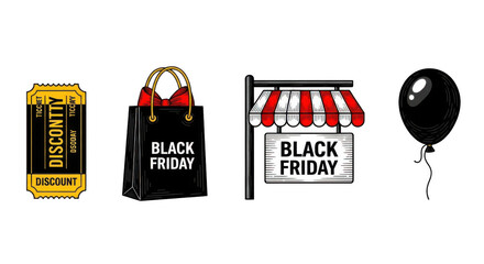Black Friday Sale Elements Collection: Discount Ticket Shopping Bag Store Sign and Balloon.