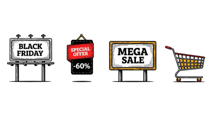 Hand drawn style illustrations of Black Friday and Mega Sale signs with a shopping cart.
