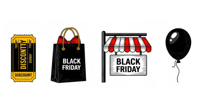 Black Friday Sale Elements Collection: Discount Ticket Shopping Bag Store Sign and Balloon.
