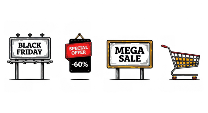 Hand drawn style illustrations of Black Friday and Mega Sale signs with a shopping cart.