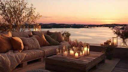 Rooftop Oasis Sunset Serenity: A cozy rooftop seating arrangement, illuminated by the soft glow of candles, offers a panoramic view of a tranquil lake and the breathtaking sunset.
