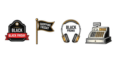 Black Friday Sale Icons Featuring Shopping Flag Headphones and Cash Register.