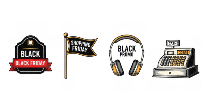 Black Friday Sale Icons Featuring Shopping Flag Headphones and Cash Register.