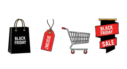 Black Friday Shopping Icons Featuring Bag Cart and Sale Tag.
