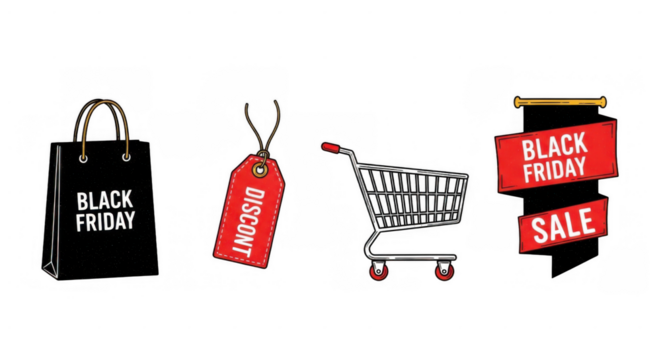 Black Friday Shopping Icons Featuring Bag Cart and Sale Tag.