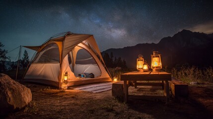 Cozy Camping Setup with Glowing Lanterns Under a Starry Night Sky Near Majestic Mountains