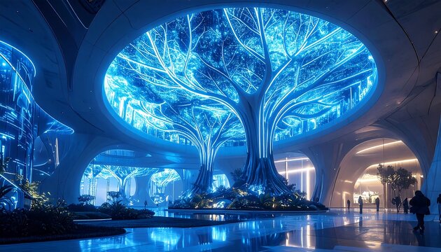 Futuristic Hall with a Luminous Blue Tree of Life.