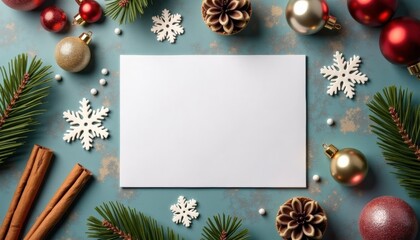 Christmas decorations with blank card surrounded by festive elements  